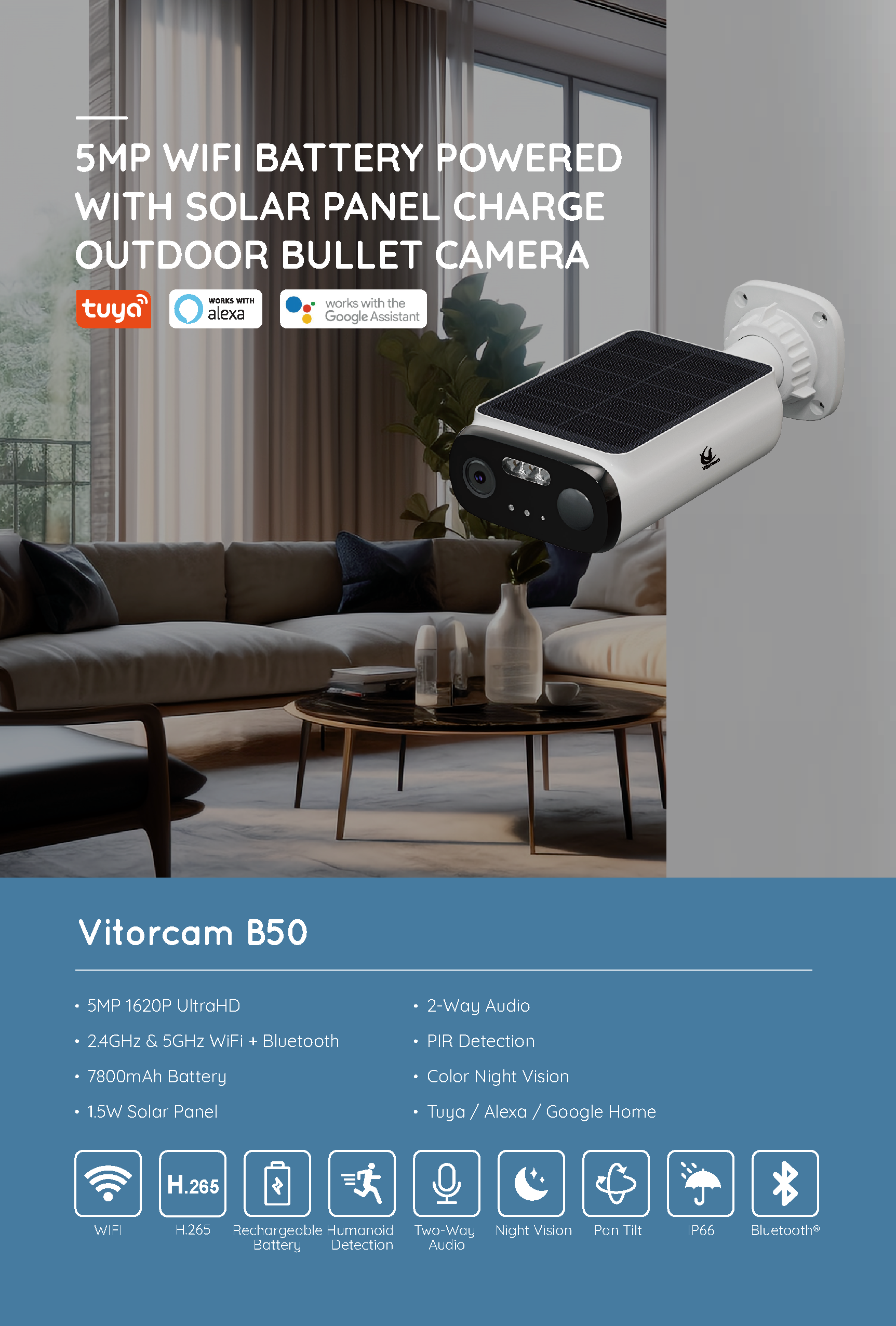 Tuya WiFi Battery Powered Solar Panel Camera 5MP B50(图1)